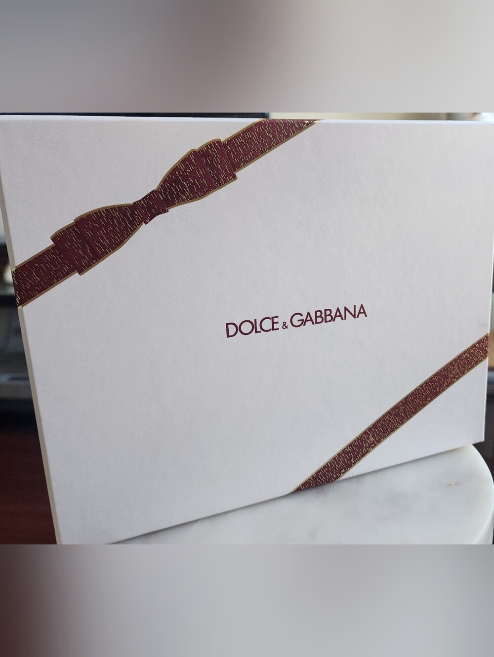 Dolce & Gabbana White Gift Box with Gold Ribbon Accent. Empty Gift Box